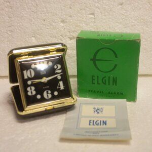 Vintage Elgin Travel Luminous Alarm Clock Black Case Tested Works